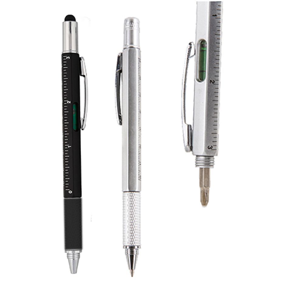 Bolígrafo multifuncional con 2 puntas, desarmador, regla, nivelador, clip y goma touchscreen. imagen